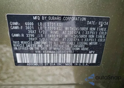 2024 Subaru Ascent Onyx Edition z USA, uszkodzony, nr VIN 4S4WMAKD3R3428107